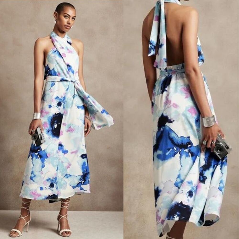 Banana Republic NWT Blue Watercolor Floral Cross Halter Sleeveless Midi Dress